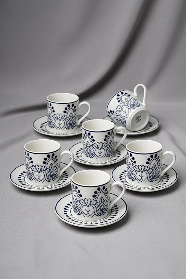 Emsan Mandala Inspired Ethnic Patterned Porcelain Coffee Cup Set for 6 People | Stylish Presentation Set 90 ml