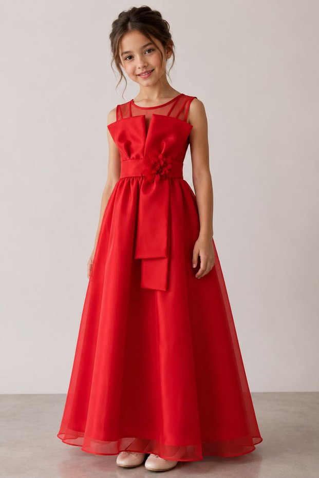 My Little Girl's Cicileri Karolin Bow Detailed Long Evening Dress for Girls - Red
