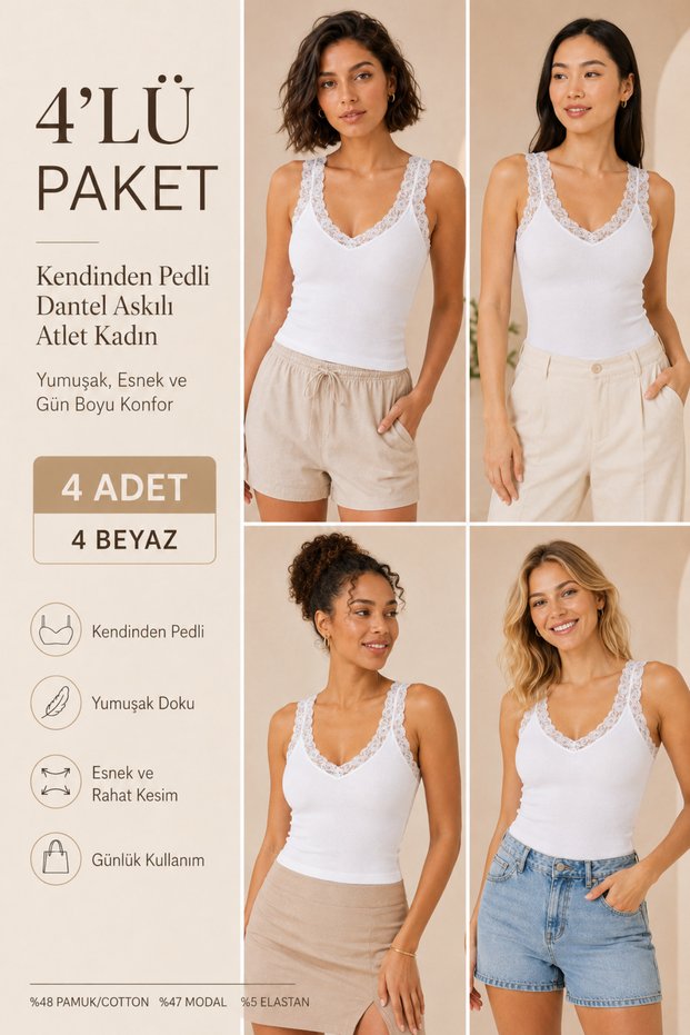 Women's Cotton & Modal Lace Strap Padded 4-Piece Flexible Daily Tank Tops - Gathering 4-Piece Bra Singlet