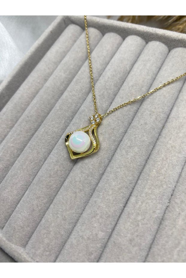 Gold Color Pearl Detailed Special Design Necklace with Zircon Stone Elegant Women's Necklace