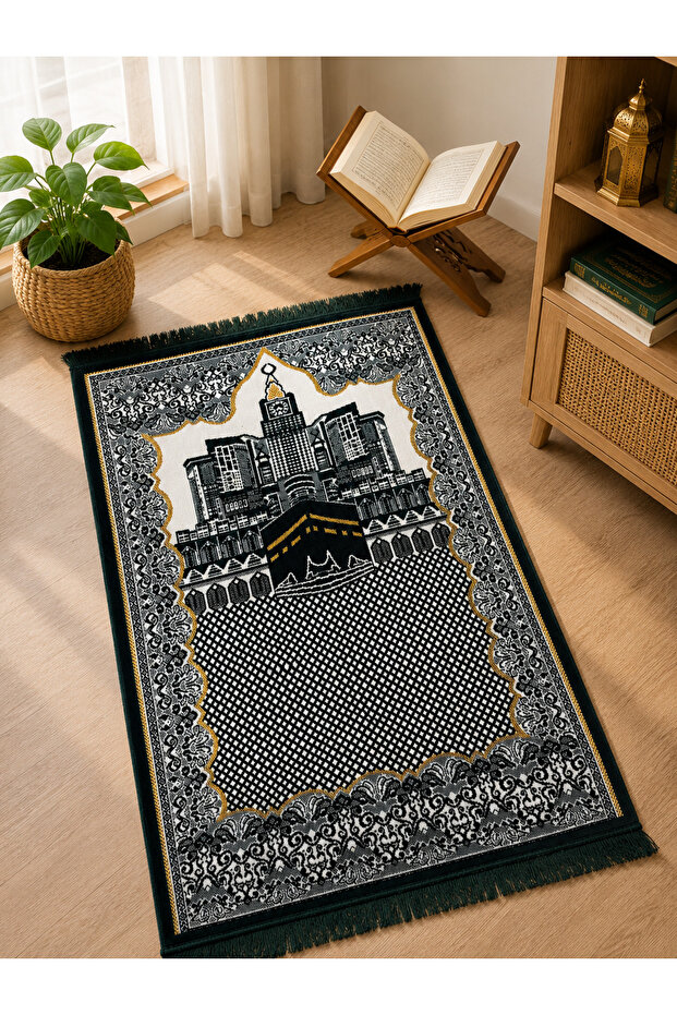 سجادة صلاة عمليه واقتصادية بتصاميم إسلامية متنوعة, مريحة وعملية للاستخدام اليومي, تصميم الحرم المكي, أخضر