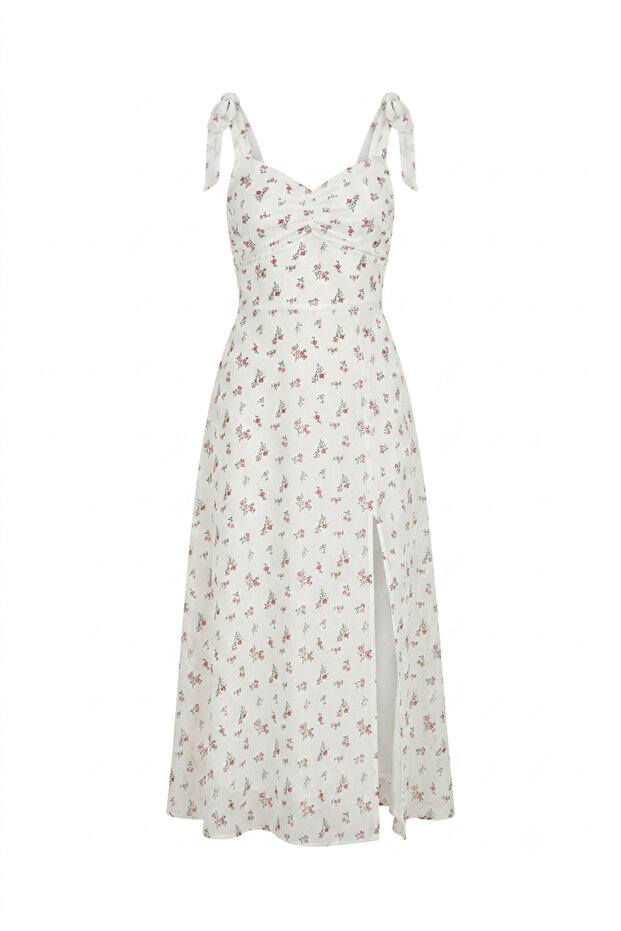 White Floral Patterned Shoulder Tie Midi Dress