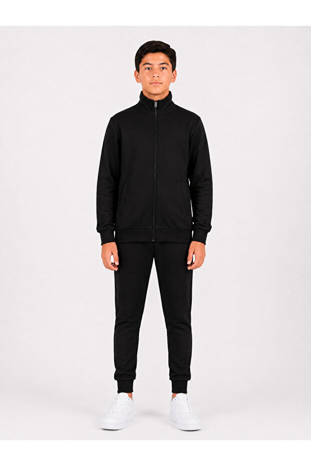 Boy's Cotton Stand Collar Tracksuit Set 26104 - Black