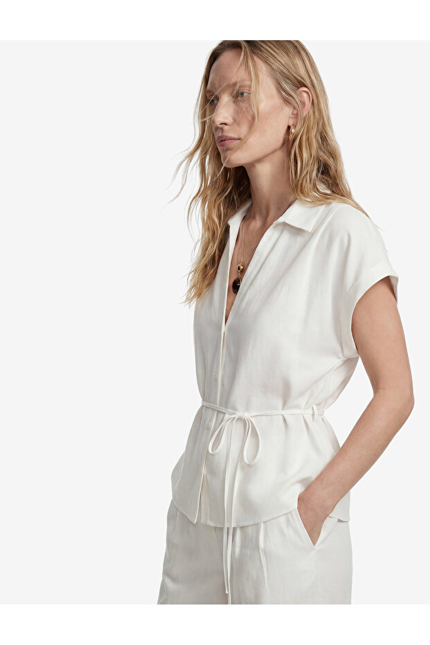 Linen Blend Short Sleeve Shirt with Tie Detail and Stand Collar