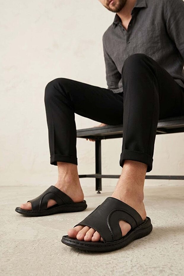 Elit 26Ysled5072C Men's Genuine Leather Flat Slippers Black
