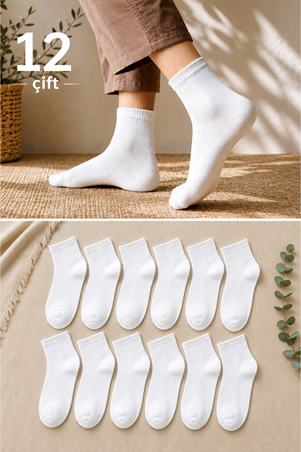 12 pairs white half socks unisex | cotton, breathable, not sweaty