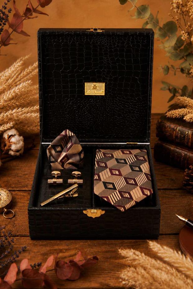 Black Men's Gift Box - Tie with Handkerchief, Cufflinks, Tie Clip Kmk228