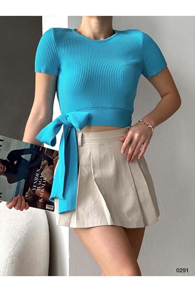 Turquoise Side-Tie Ribbed Crop Knitwear Blouse Tr0291