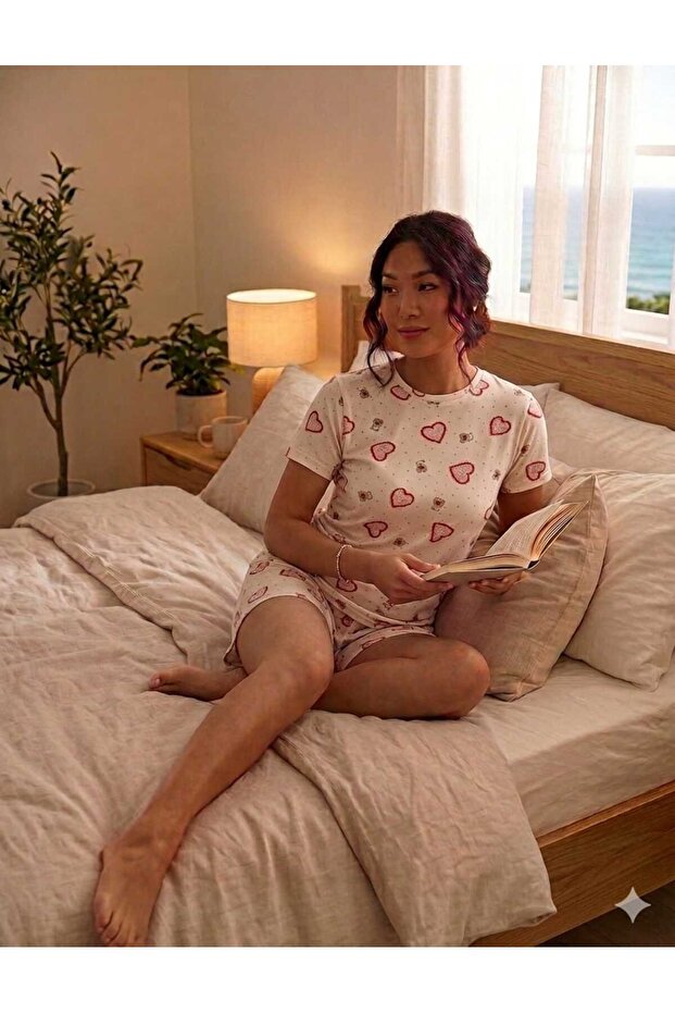 طقم بيجامة نسائي مريح برقبة دائرية وأكمام قصيرة وشورت منقوش