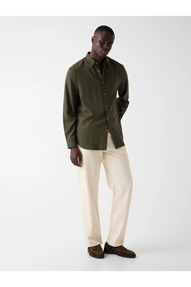 Draped Dobby Long Sleeve Men's Khaki Shirt M6Yh32W2893-G8F5
