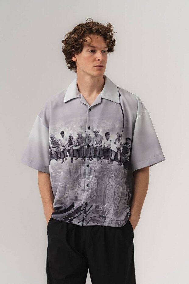 Worker Apaş Collar Short Sleeve Oversize Shirt