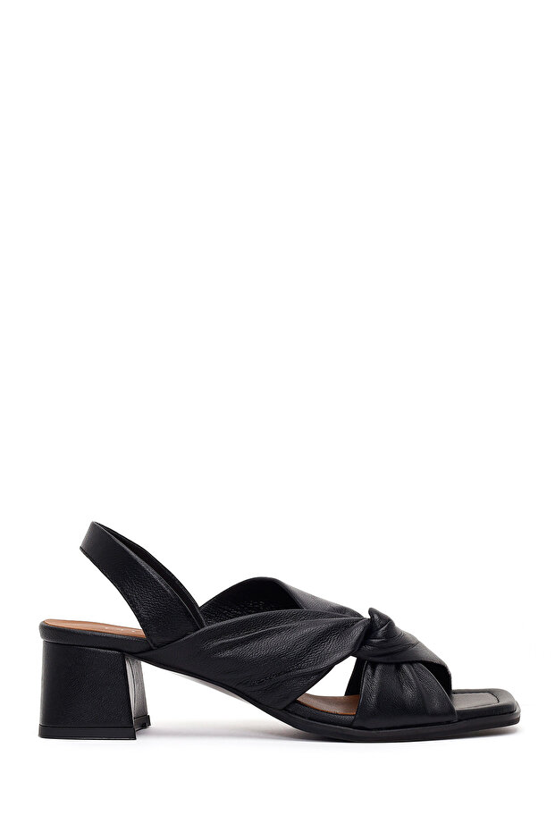 Women's Black Short Thick Heeled Leather Sandals 26Pfd230418