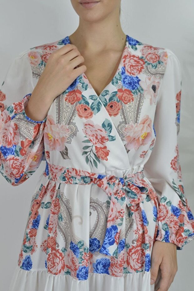 Msn Tie Detailed Floral V-Neck Maxi Dress