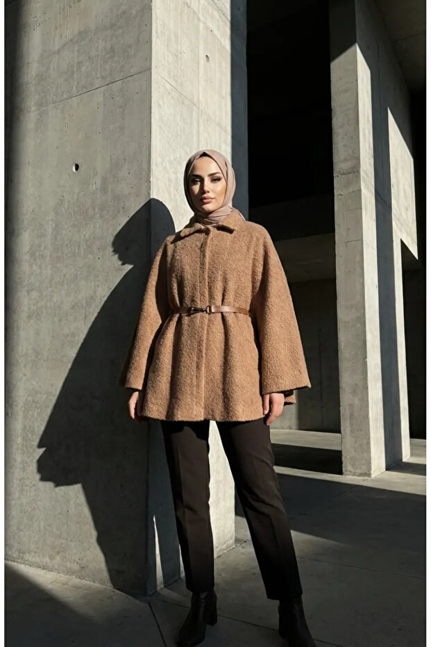 Bouquet Fabric Belted Winter Poncho 2233-04 Milk Coffee