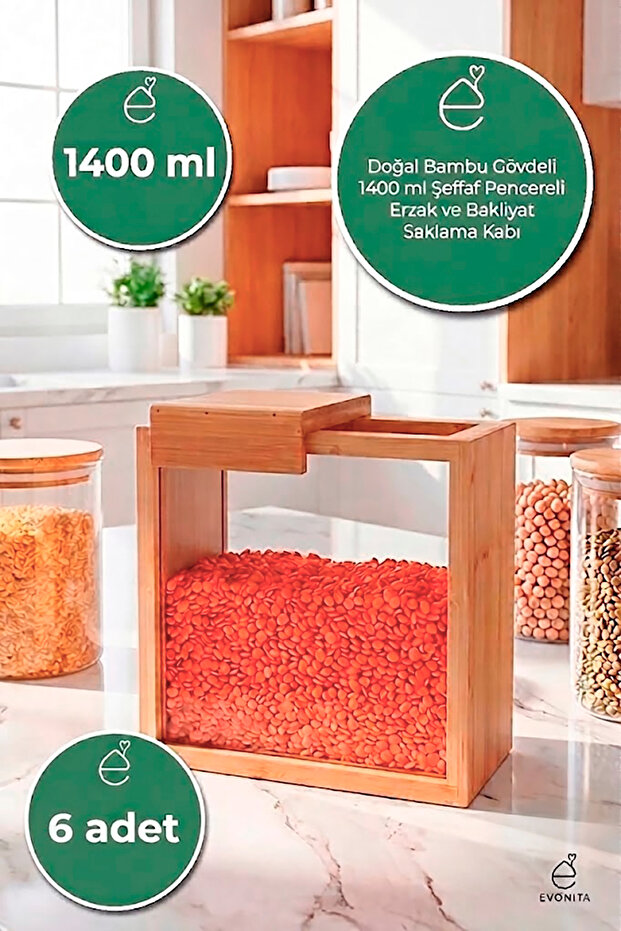1400 ml Bamboo Lid Food Container Legume Storage Container Kitchen Organizer Single Storage Box (6 Pcs)