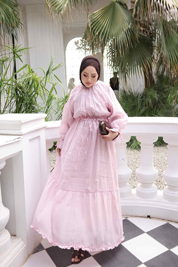 Pink Dress with Sleeves and Waist Tie