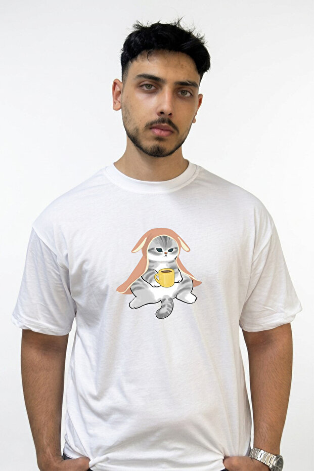 Tavsan Cat Design Printed Oversize White T-Shirt