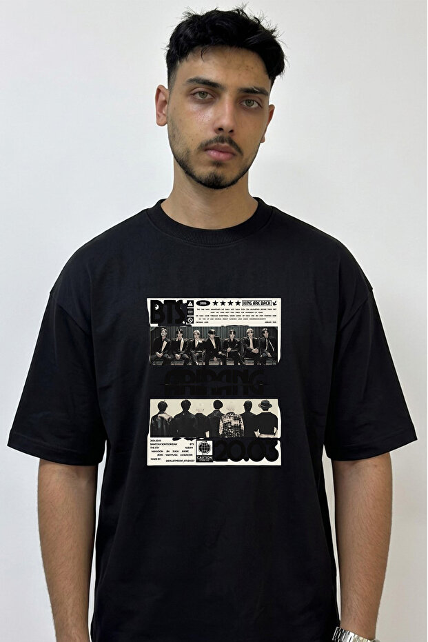 K Pop Bts Design Printed Oversize Black T-Shirt