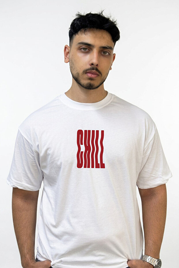 Wavy Chill Design Printed Oversize White T-Shirt