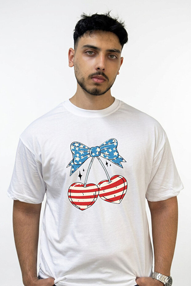 Flag Cherry Design Printed Oversize White T-Shirt