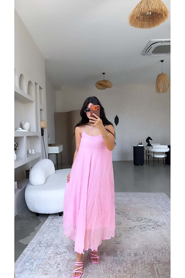Candy Pink Wrinkled Effect Strap Dress