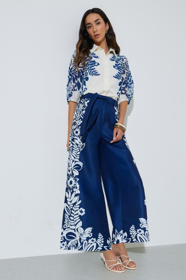 Navy Blue Border Floral Print Wide Leg Pants