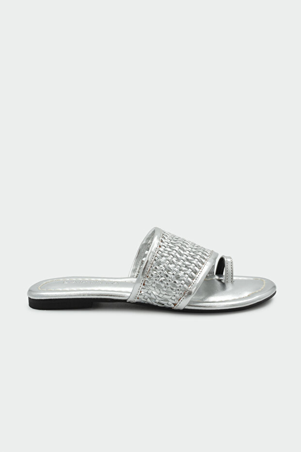 Keid Knitted Detailed Flip-Flop Women's Flat Silver Slippers