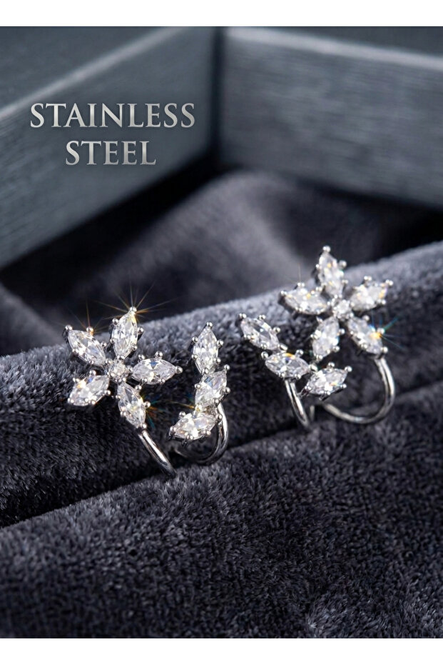Brass Silver Color Zircon Stone Flower Model Earrings