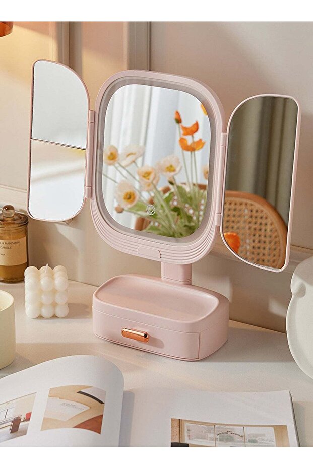 Vanity Mirror with Storage,180-degree Rotating makeup mirror,Designer Touch Control , 3X Magnification ,Adjustable LED Light