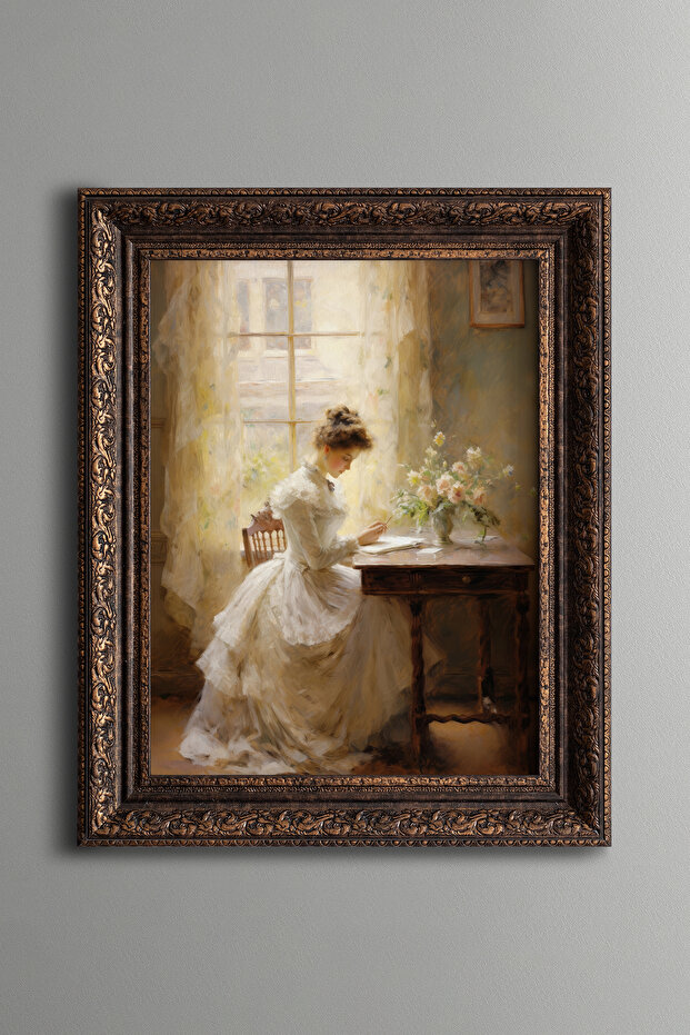 Woman Writing a Letter in Front of the Window – Vintage Patterned Painting – Thick Model