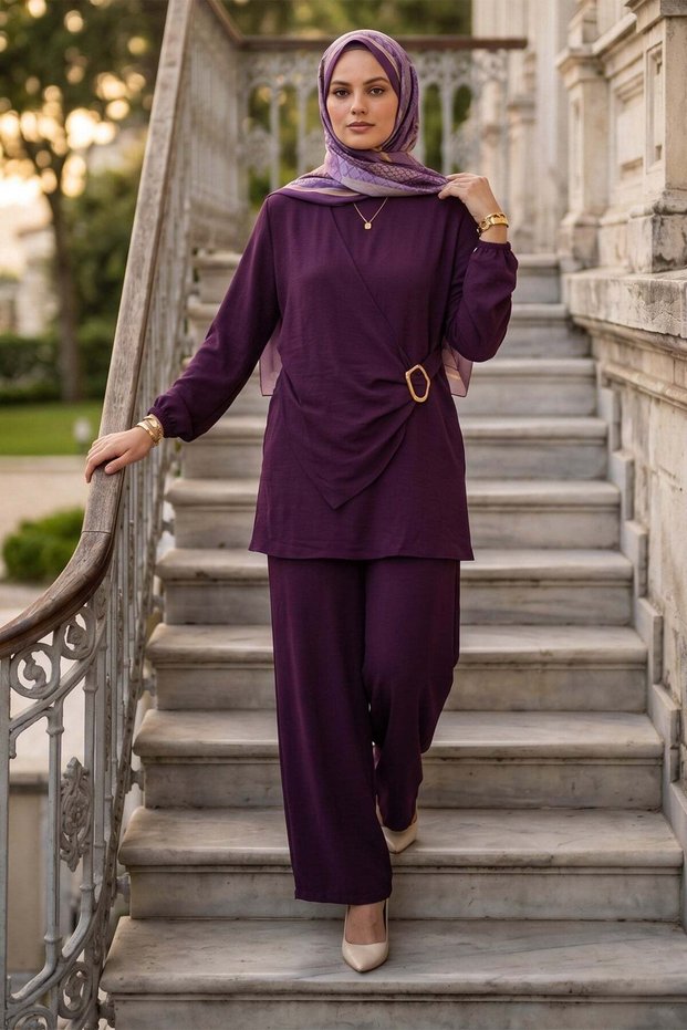 Ayrobin Suit with Buckle Detail Pants, Plum Color Hm2921