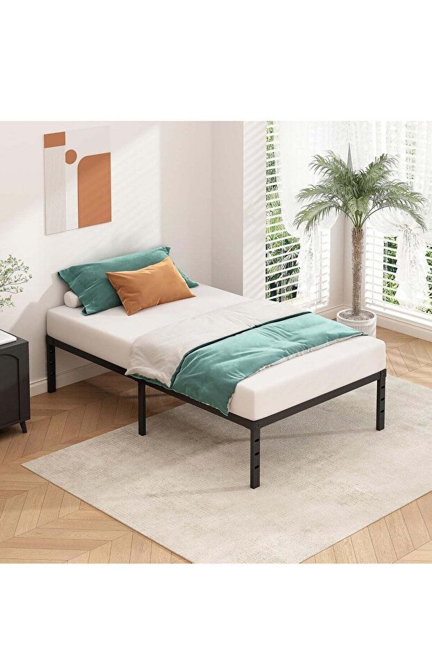 Metal Platform Bed Frame, No Box Spring Required, Single Bed, With Heavy Duty Strong Support Slats, Easy to Assemble, Black 95*189*45CM