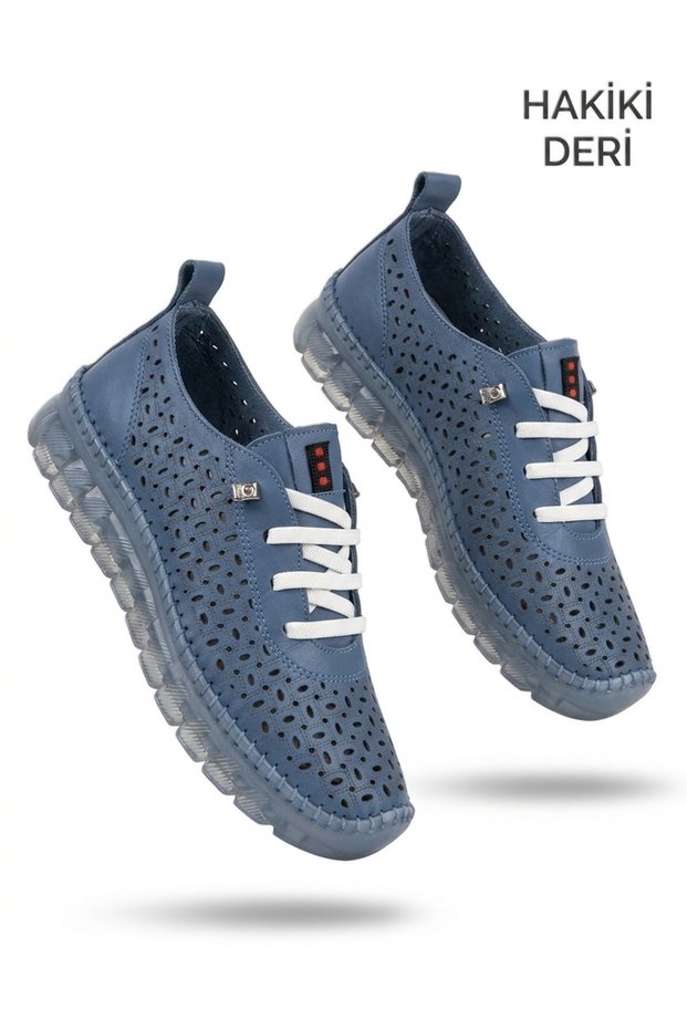 Otja Blue Genuine Leather Laser Laced Orthopedic Sports Shoes