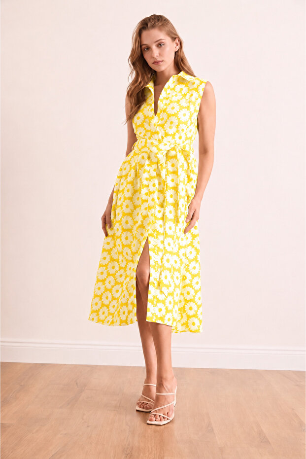 Women's Yellow Daisy Patterned Belted Midi Dress Nj176