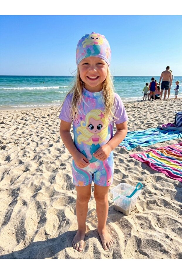 Girl's Lilac Color Mermaid Patterned Short Sleeve Boned Protective Swimsuit