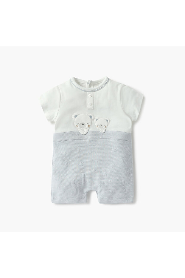 Bear Applique Romper with Short Sleeves and Button Closure
