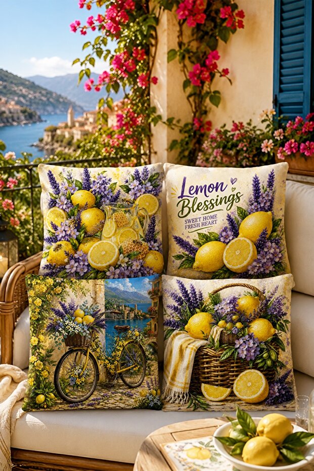 Set of 4 Cushion Covers with Lemon and Bicycle Pattern