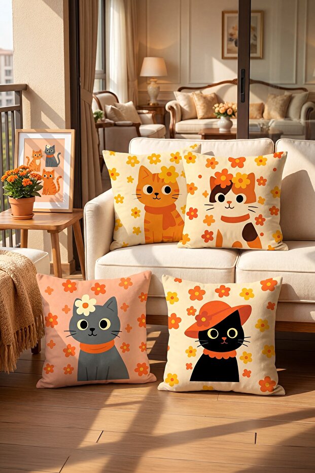 Daisy and Cat Patterned 4-Piece Throw Pillow Cover Set