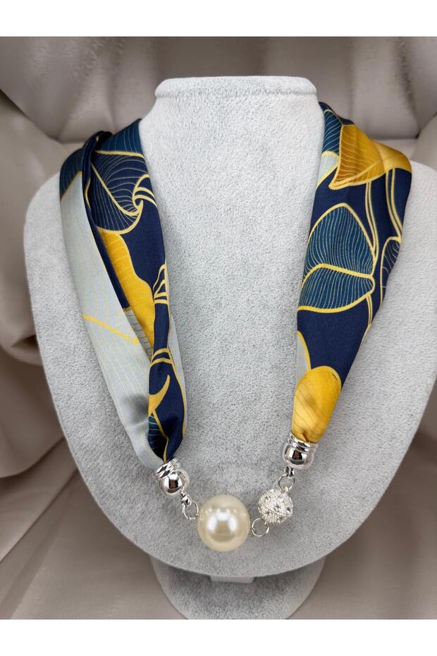 Women's Navy Blue Yellow Patterned Scarf Necklace with Large Pearl Detail Stylish Fabric Neck Necklace
