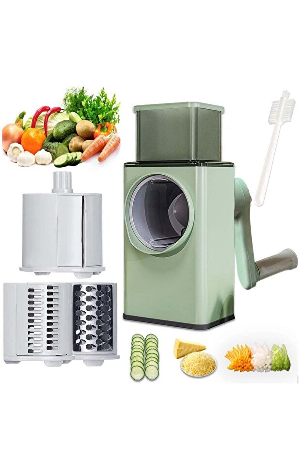 Manual Rotary Cheese Grater Shredder with 3 Blades, Mandolin Slicer & Julienne Grinder, Cyan