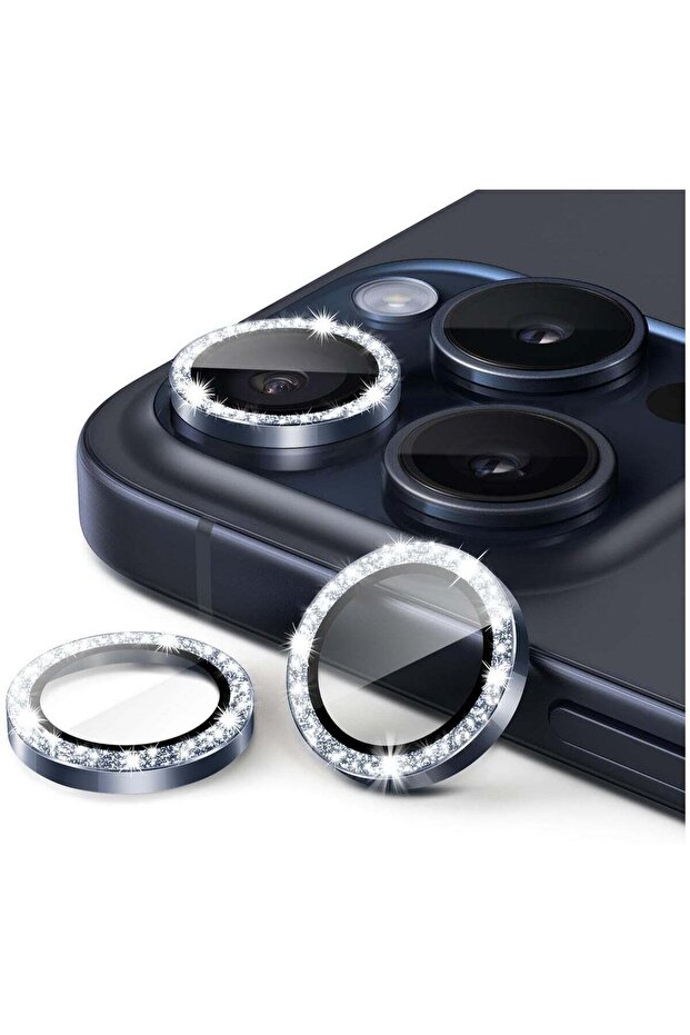 Camera Lens Protector for iPhone 15 Pro/Pro Max, Bling Glitter 9H Tempered Glass, 3-Pack (Blue Titanium)