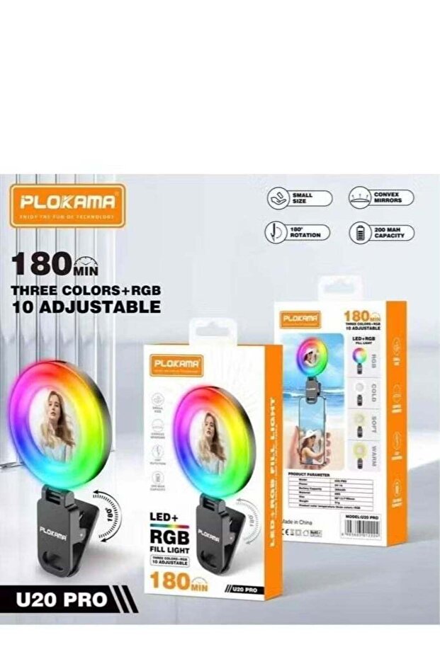 U20 PRO RGB Ring Light with Built-In Mirror - Clip-On Mini LED Fill Light for Smartphones