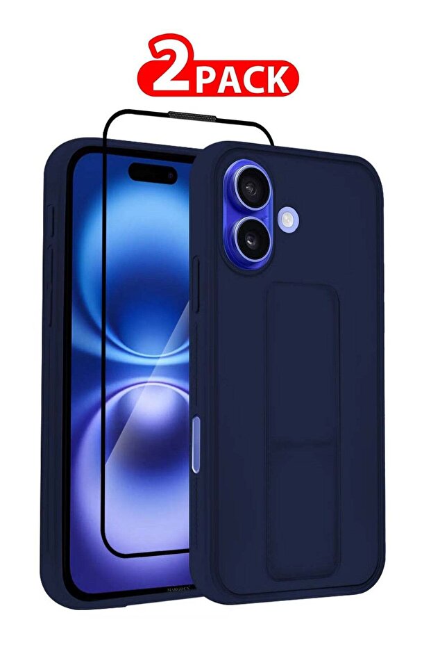 2-Pack Premium PU Leather Case & Screen Protector for iPhone 16 Plus – Shockproof, Anti-Scratch, Stand Function, Finger Grip Case Cover (Blue)