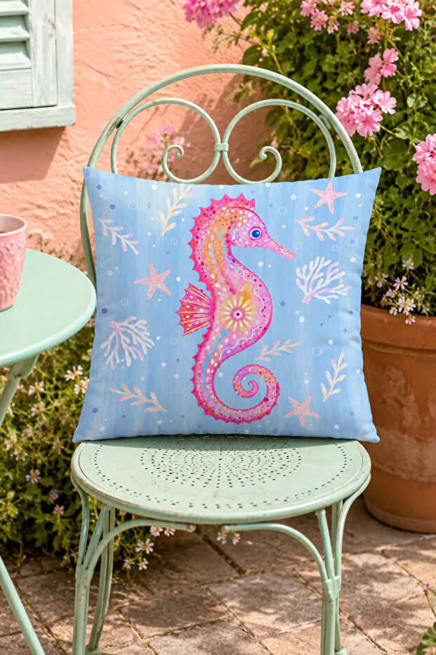 Seahorse Coral Patterned Decorative Throw Pillow Cover Blue Pink Marine Decor 43X43 cm