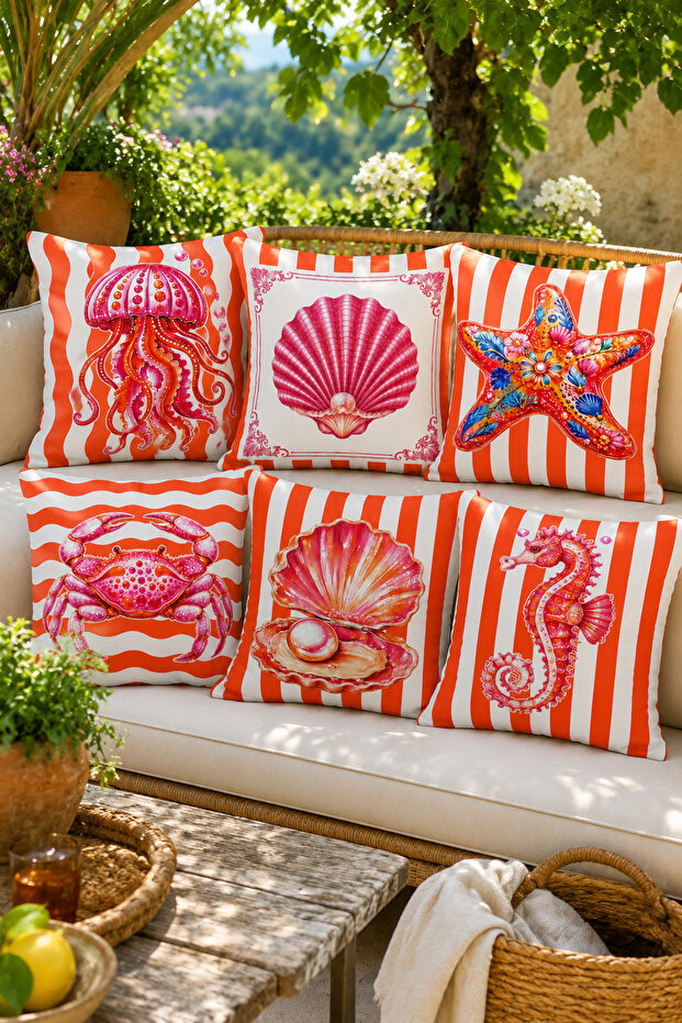 Summer Home Decorative Throw Pillow Covers Set of 6 Orange Striped Marine Theme Premium Design (Double Sided)