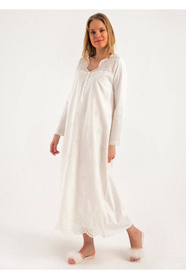 100% Cotton Long Hijab Nightgown and Robe Set – Scallop Detailed – Lined – Loose Fit – Suitable for Maternity and Daily Use