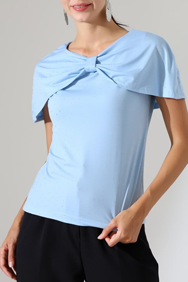 Stoned Sandy Fabric Cape Collar Blouse