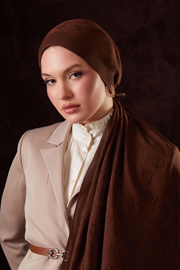Coffee Text Printed Naia Jacquard Shawl