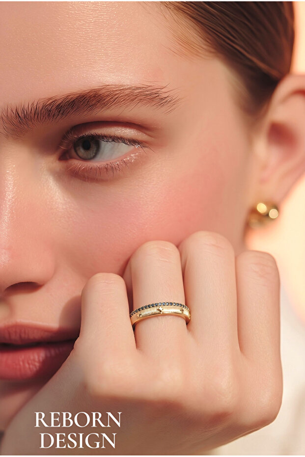 In Row Blue Zircon Stone Gold Color Pole Star Ring