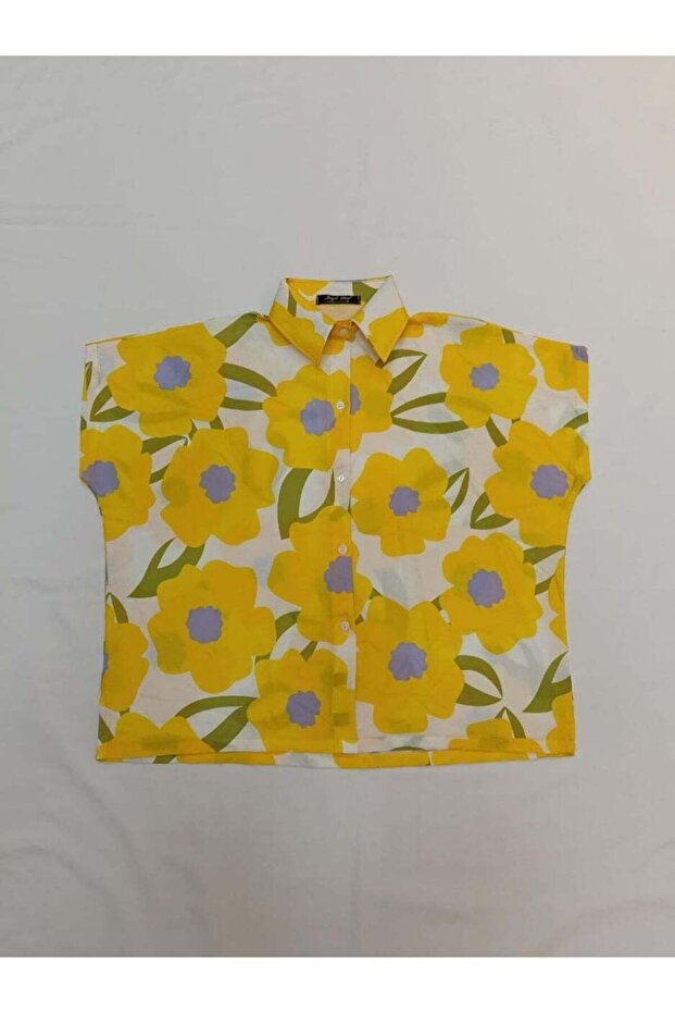 Women's Floral Print Short Sleeve Button-Up Shirt, Yellow, Relaxed Fit, Free Size